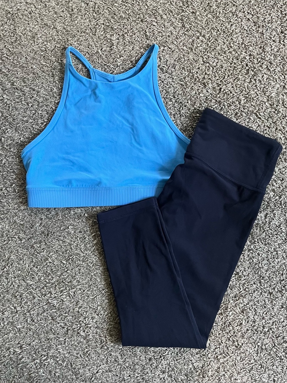 Athleta Sports Bra and Leggings Set Size Small Navy Blur Light Blue Athletic